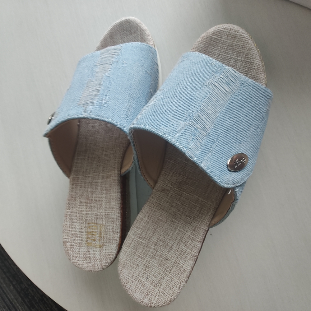 Textured Beige and Blue Slide Sandals